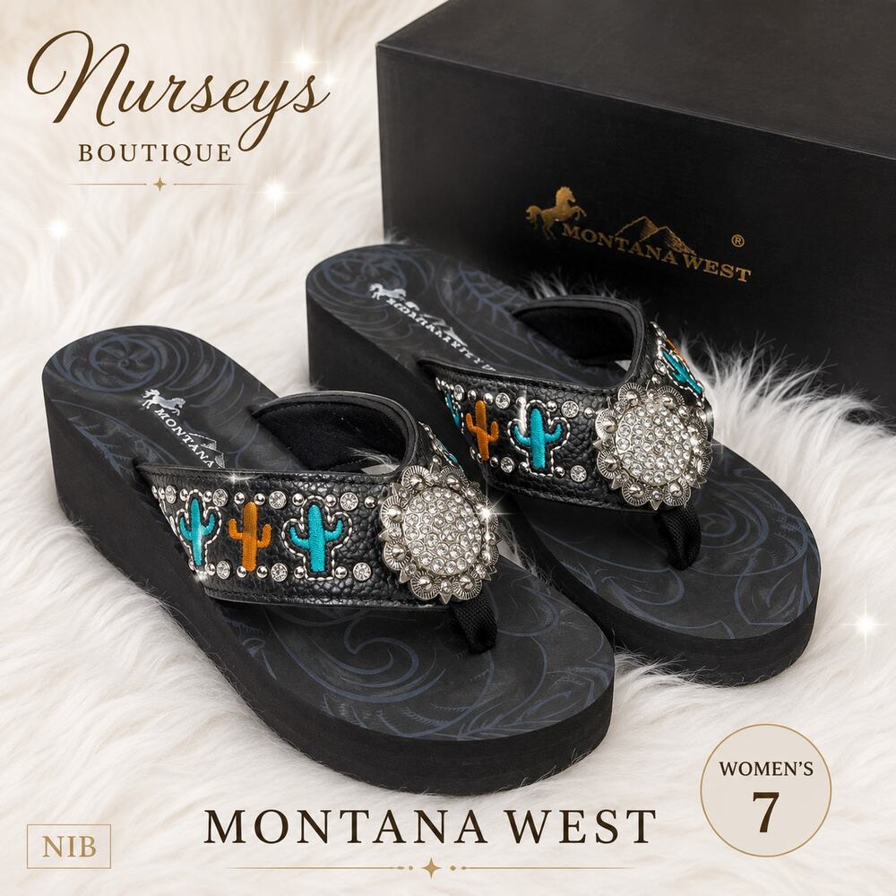 Montana West Cactus Rhinestone Concho Wedge Flip Flops Black Women’s 7 NIB
